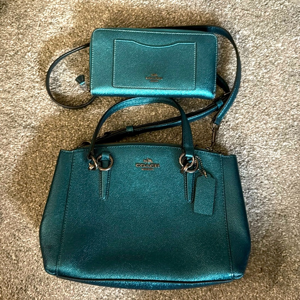 Coach Metallic Teal Grossgrain Leather Mini Christie Carryall & matching wallet